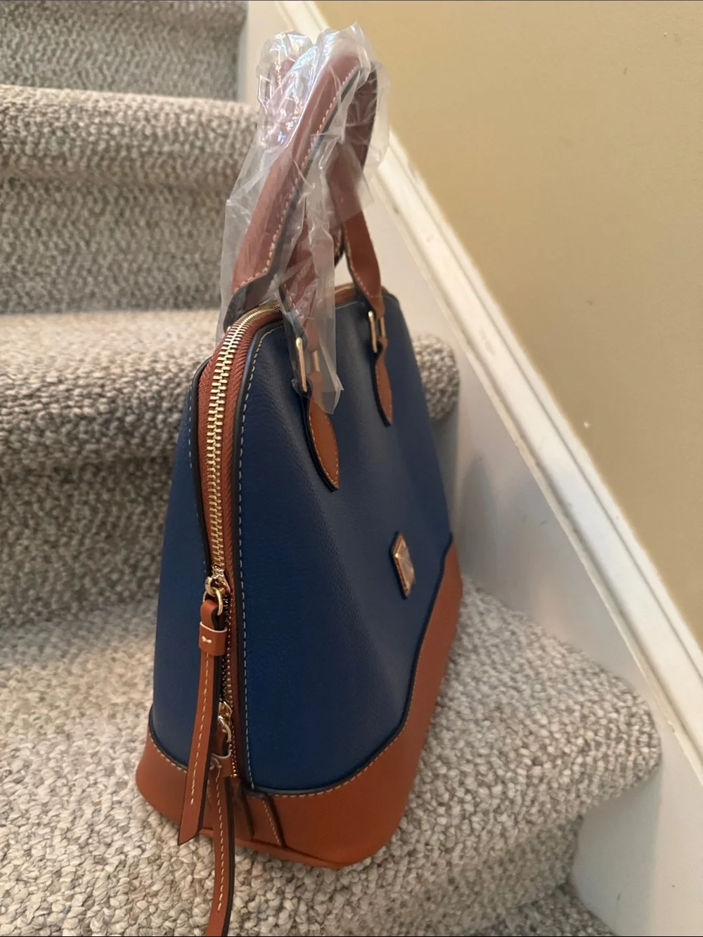 Navy and Tan Leather Satchel - Women Bags
